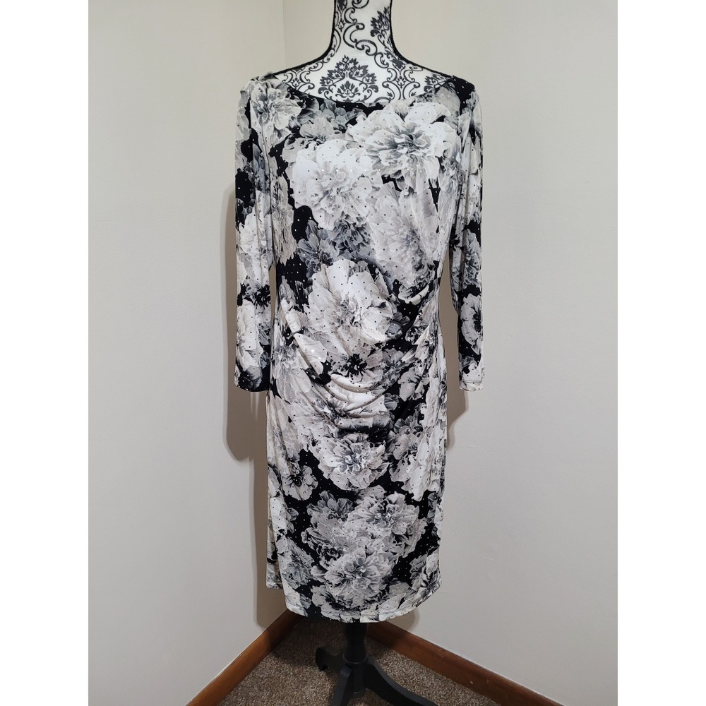 Jessica Howard‎ Floral Sheath Dress Womens 16 Black White Sequin Ruched